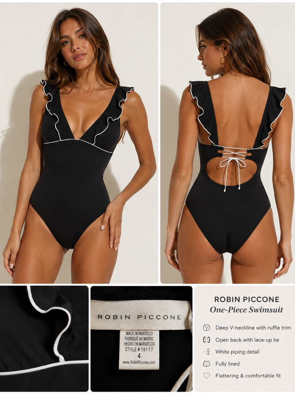 Robin Piccone Black Ruffle One Piece Swimming Suite White Trim Open Back Size 4